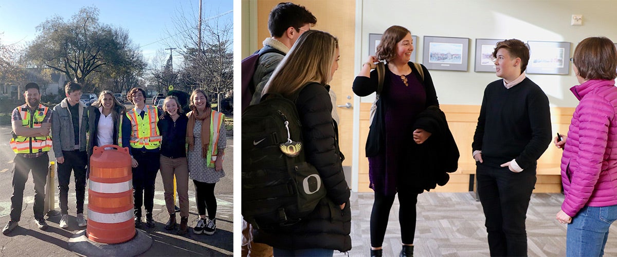 A group of students standing in an intersection and a group of students at the library
