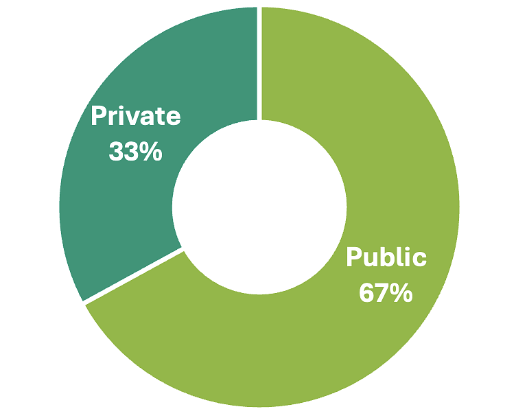 Chart of Private vs Public status of respondents IHEs - Private 33%, Public 67%