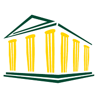 DRU logo building outline with yellow columns, green base, and green triangular roof