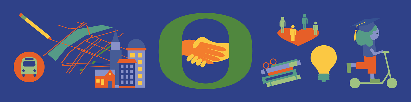 Colorful education, transportation, and city planning icons with the University of Oregon logo