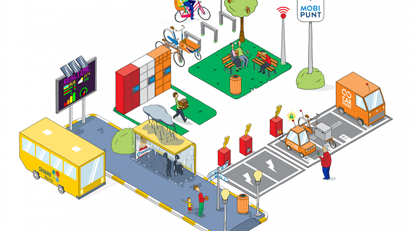 Isometric drawing of modern city with new urban technology