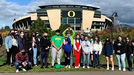 Members of the NAIS ARC 2020-21 on a tour of the Kalapuya Talking Stones near Autzen Stadium. Go Ducks! 