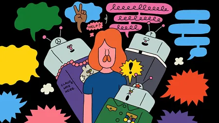 an illustration of text bubbles and a person