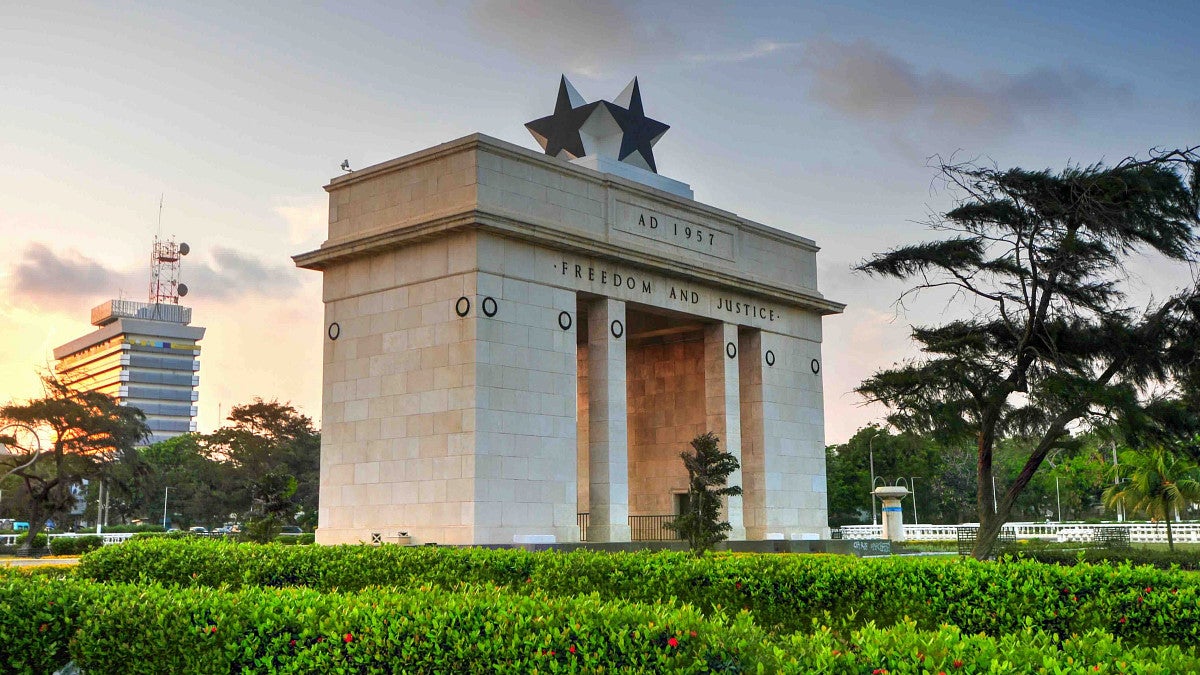 An arch that says freedom and justice in Accra, Ghana