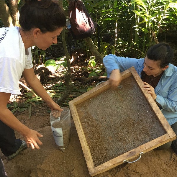 Two researchers look at a mesh sieve 