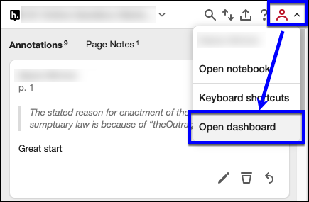Hypothesis User Menu Open Dashboard Option