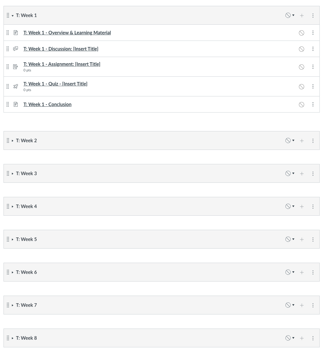 Screenshot of Templates' Weekly Module resource structure and layout