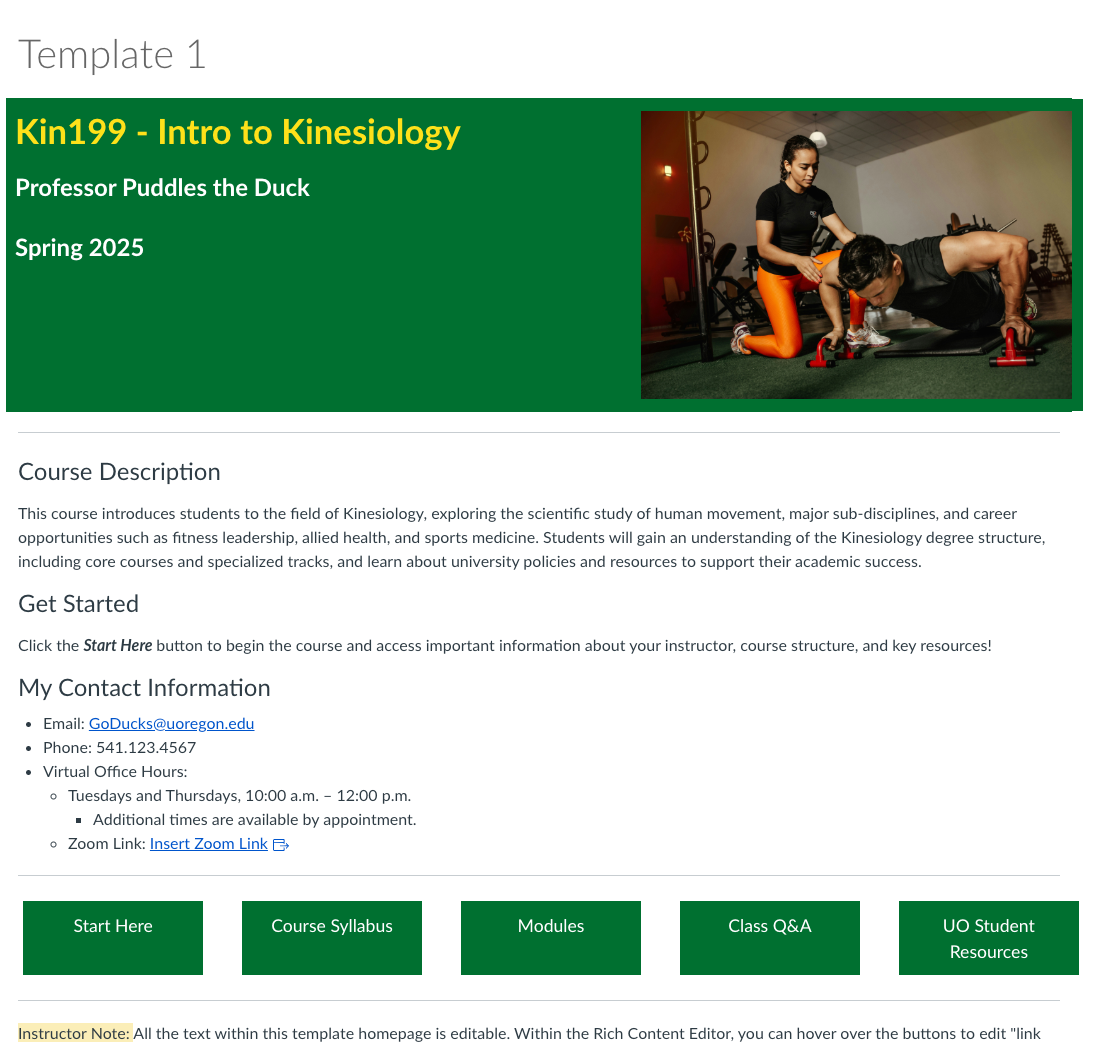 Screenshot of Template 1 homepage in Canvas