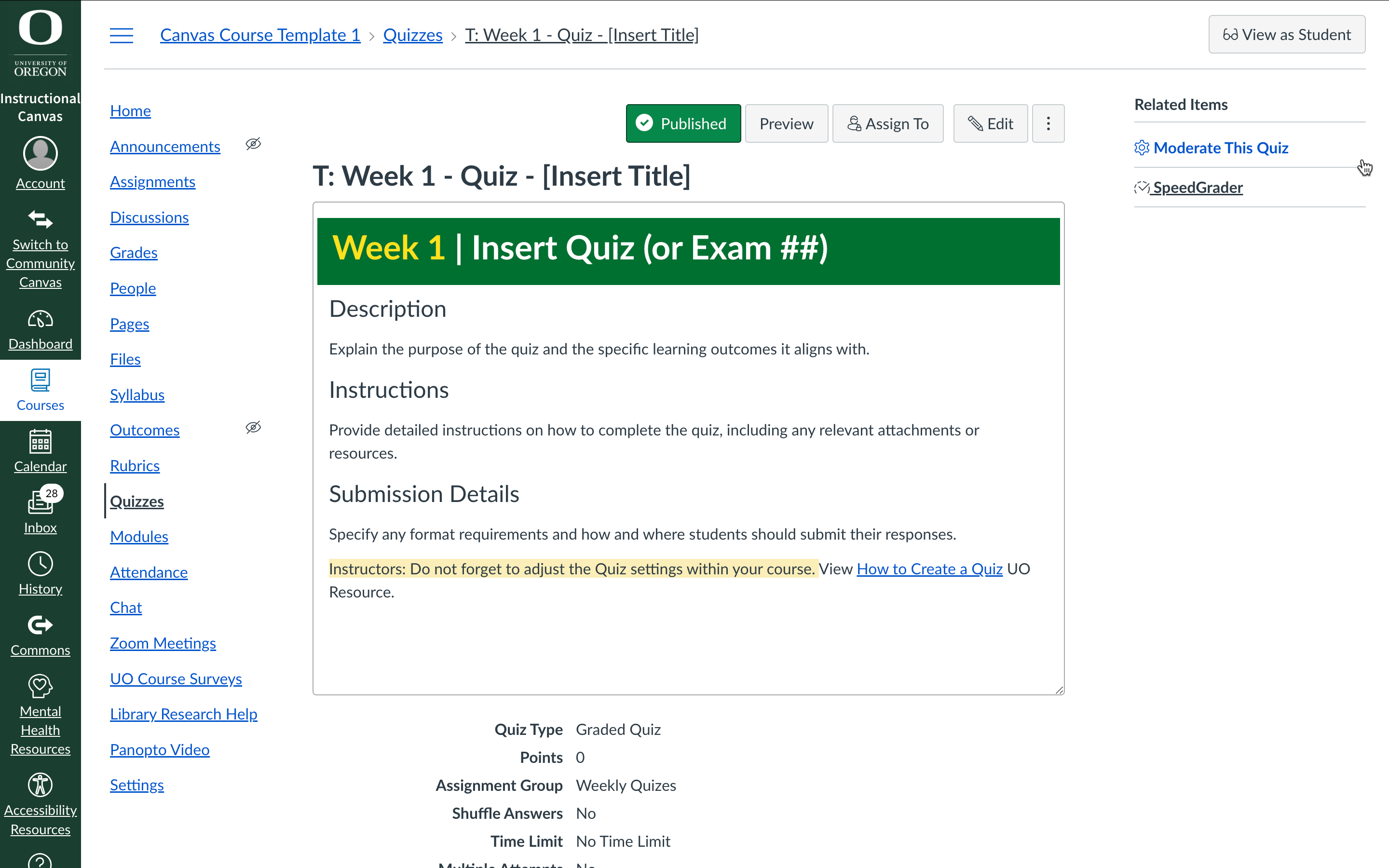 Desktop Canvas Week 1 template 1 preview of a Quiz Page