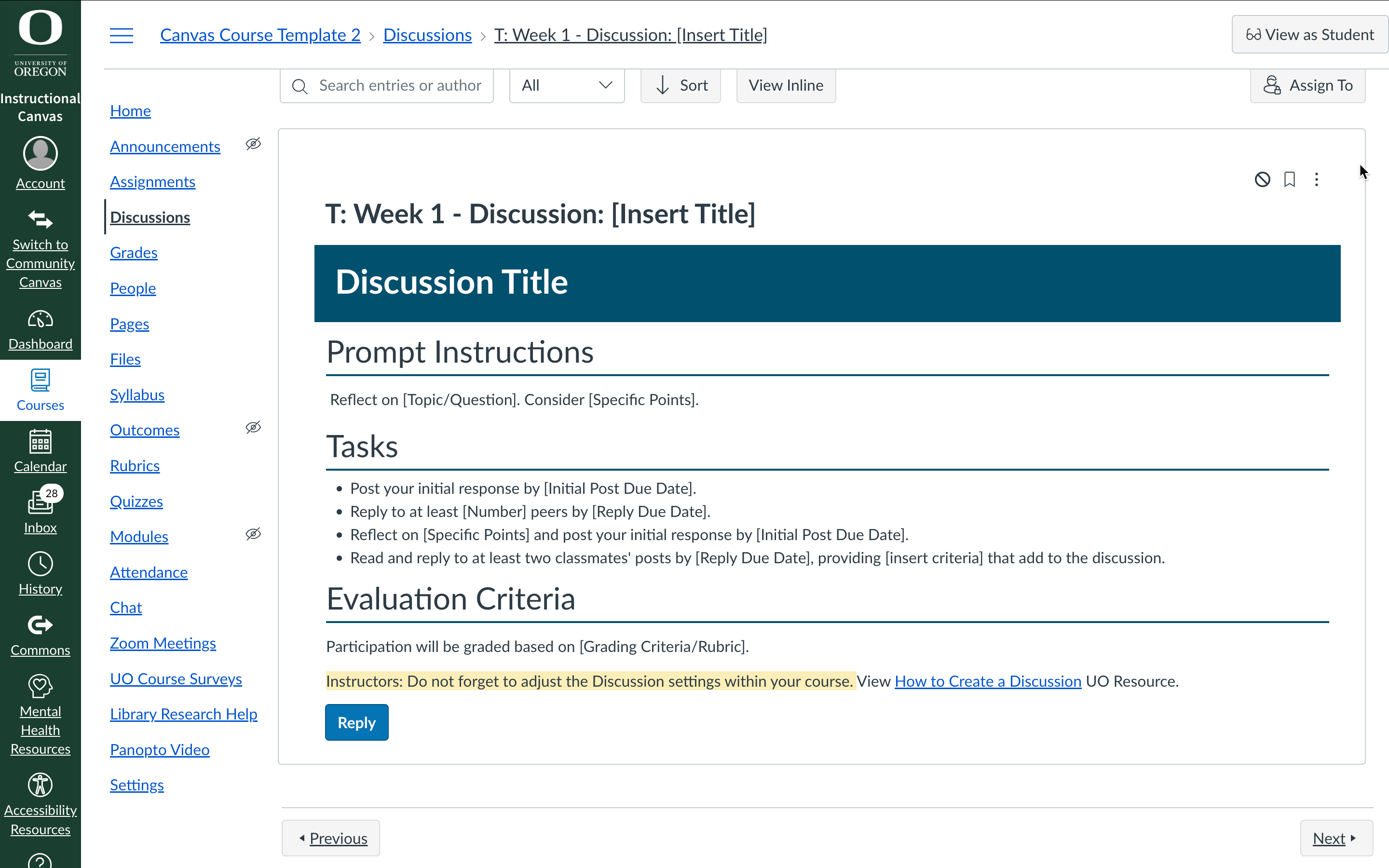 Desktop Canvas Week 1 template 2 preview of Discussion Page