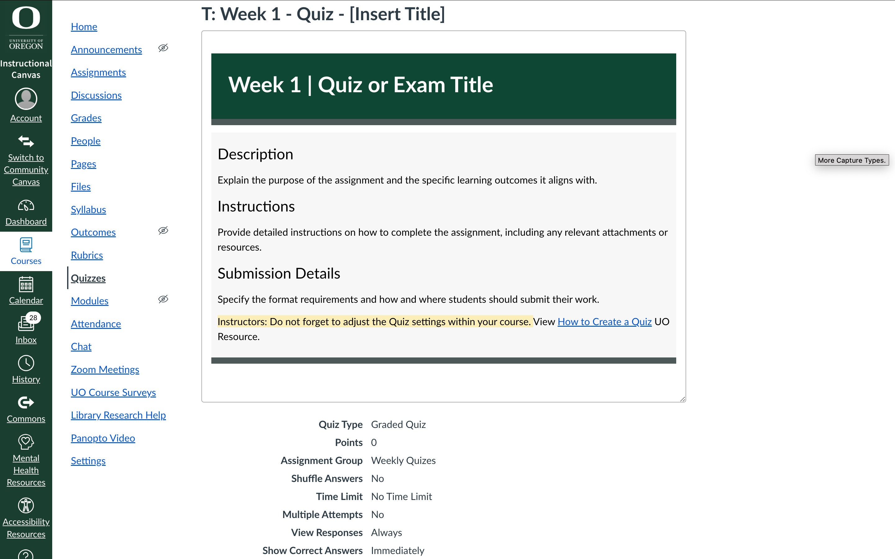 Desktop Canvas Week 1 template 3 preview of a Quiz Page