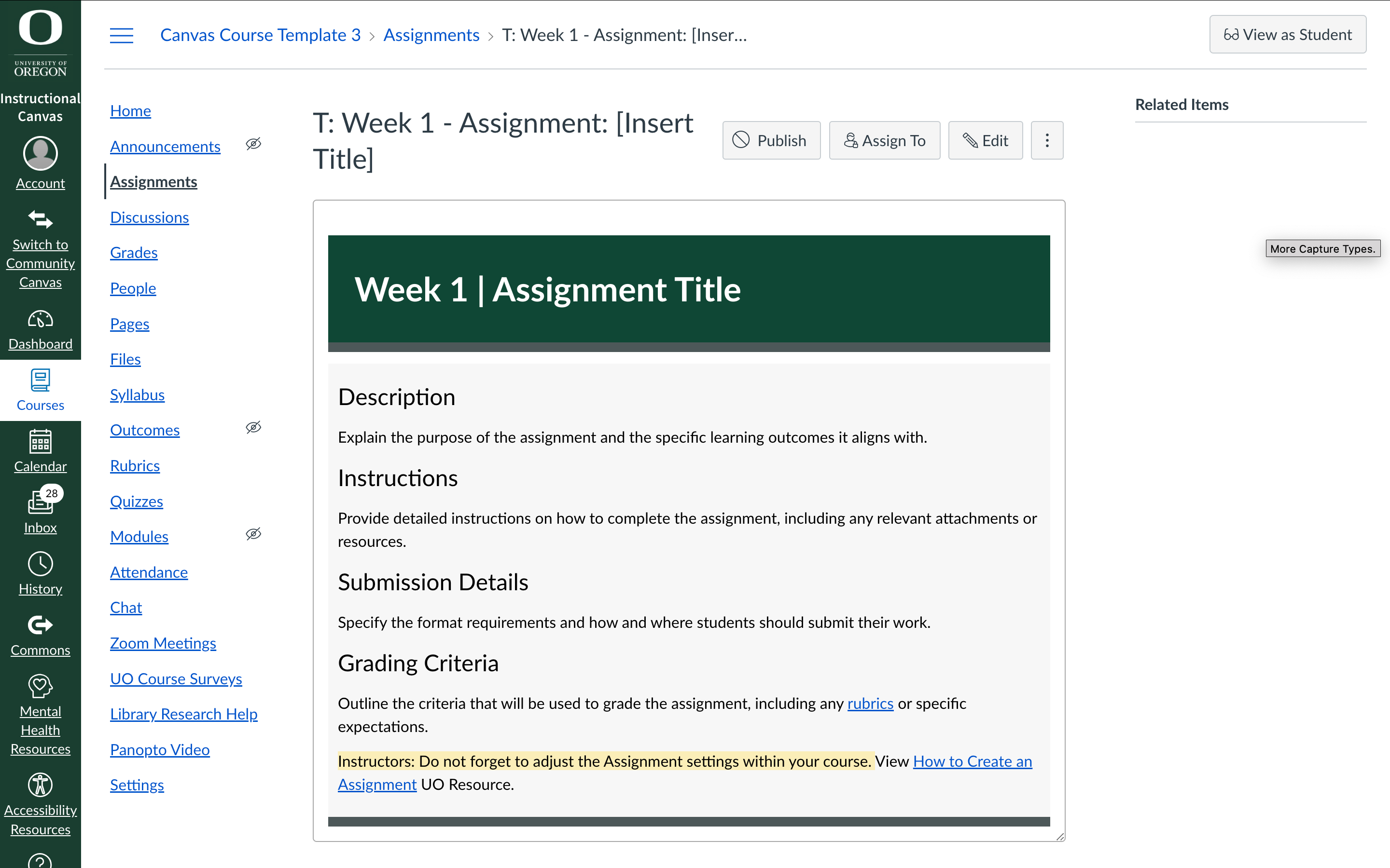 Desktop Canvas Week 1 template 3 preview of an Assignment Page