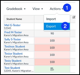 Canvas gradebook actions menu items displayed
