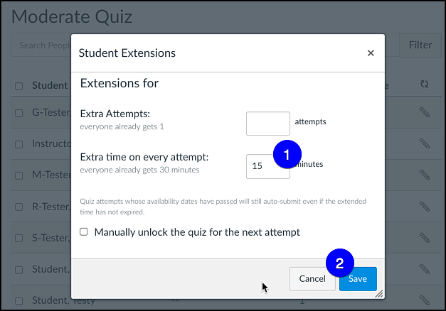 Canvas Moderate Quiz Student Extensions