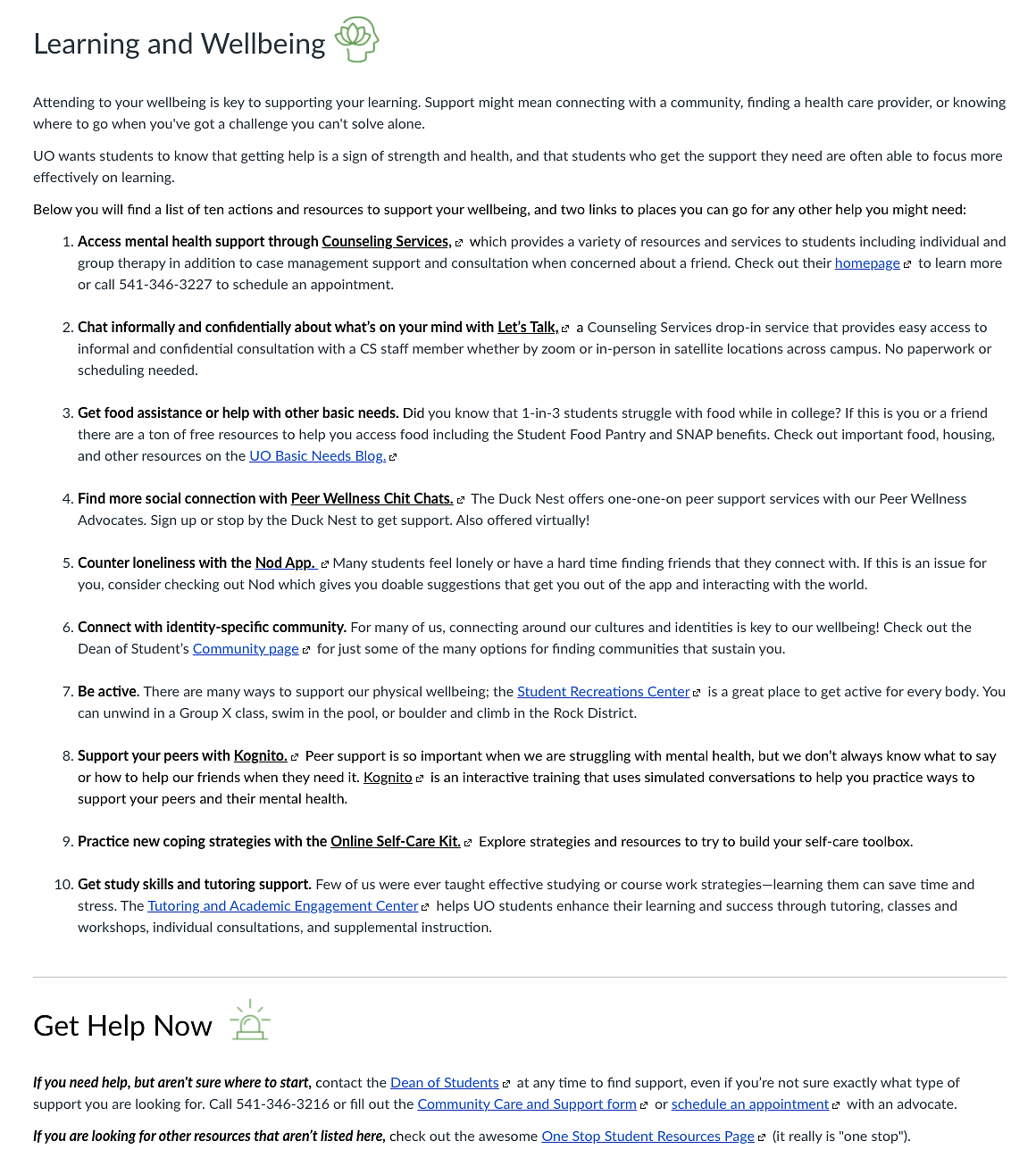 Student Wellbeing Resources Page