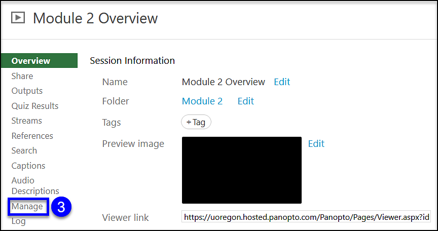Panopto individual video copy Step 3 Manage button