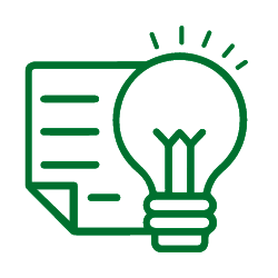 Icon depicting a lightbulb over sheet of paper with words