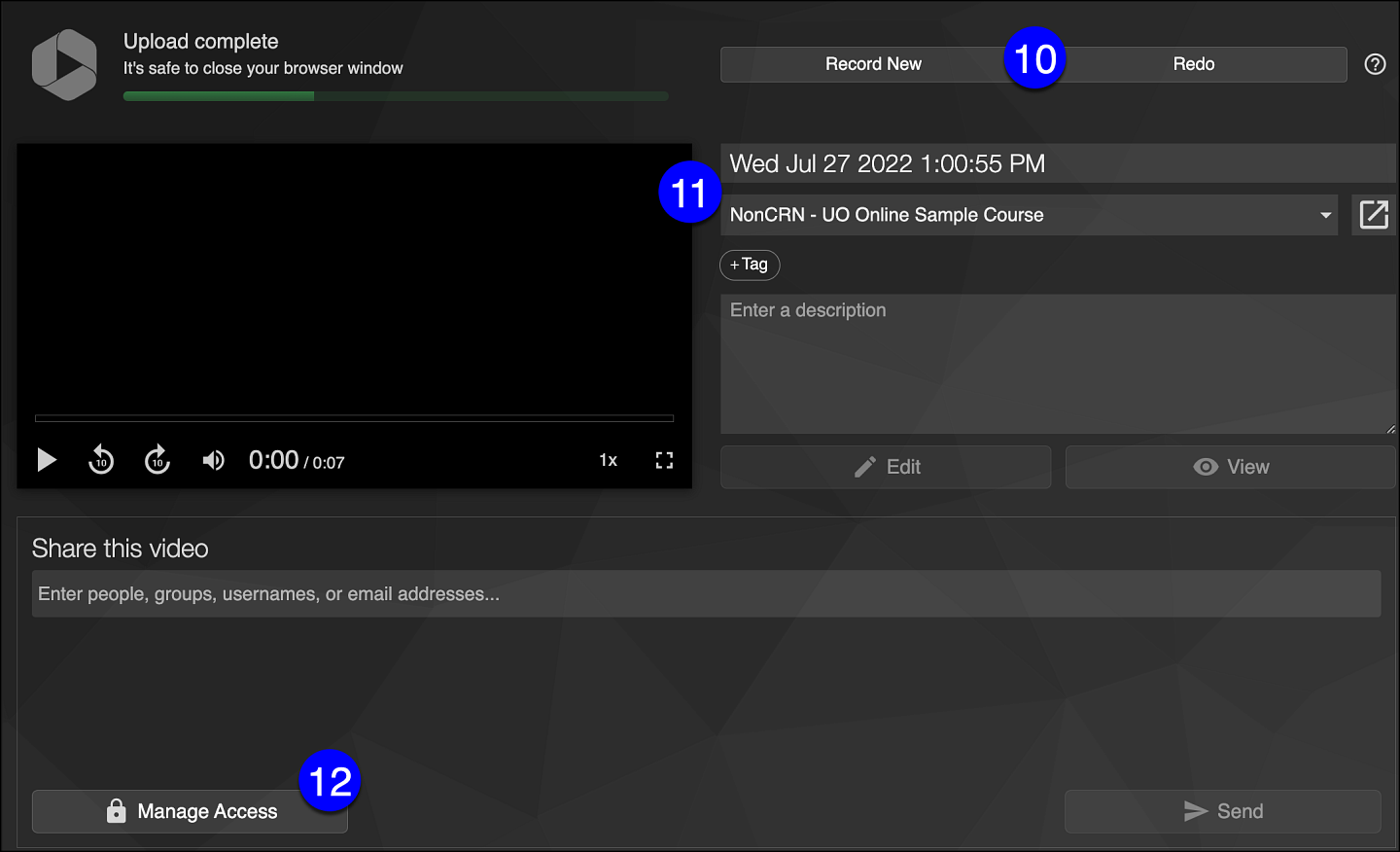 panopto interface video upload screen with options