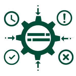 icon depicting four symbols and arrows around a gear