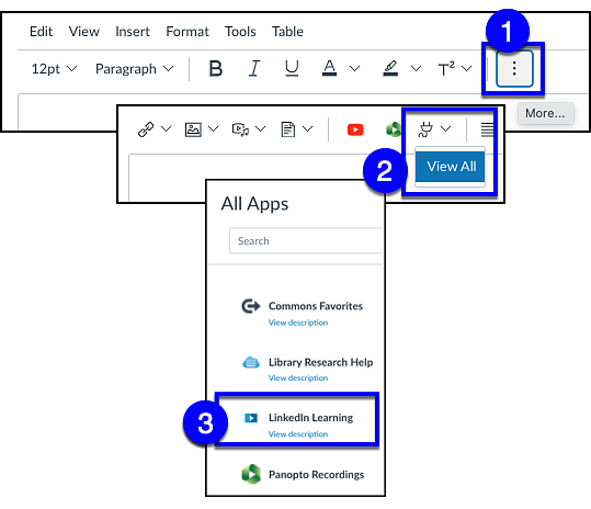 Canvas page apps icon to find linkedin learning
