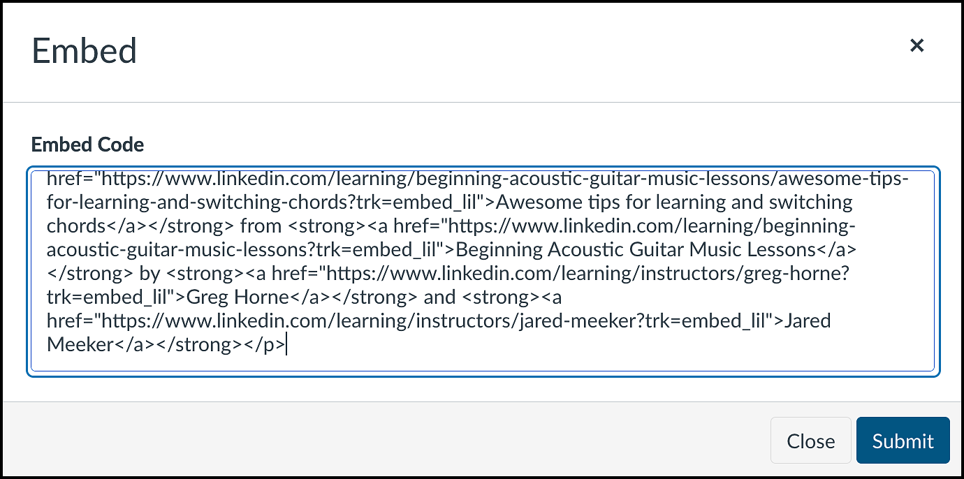 Canvas embed code field