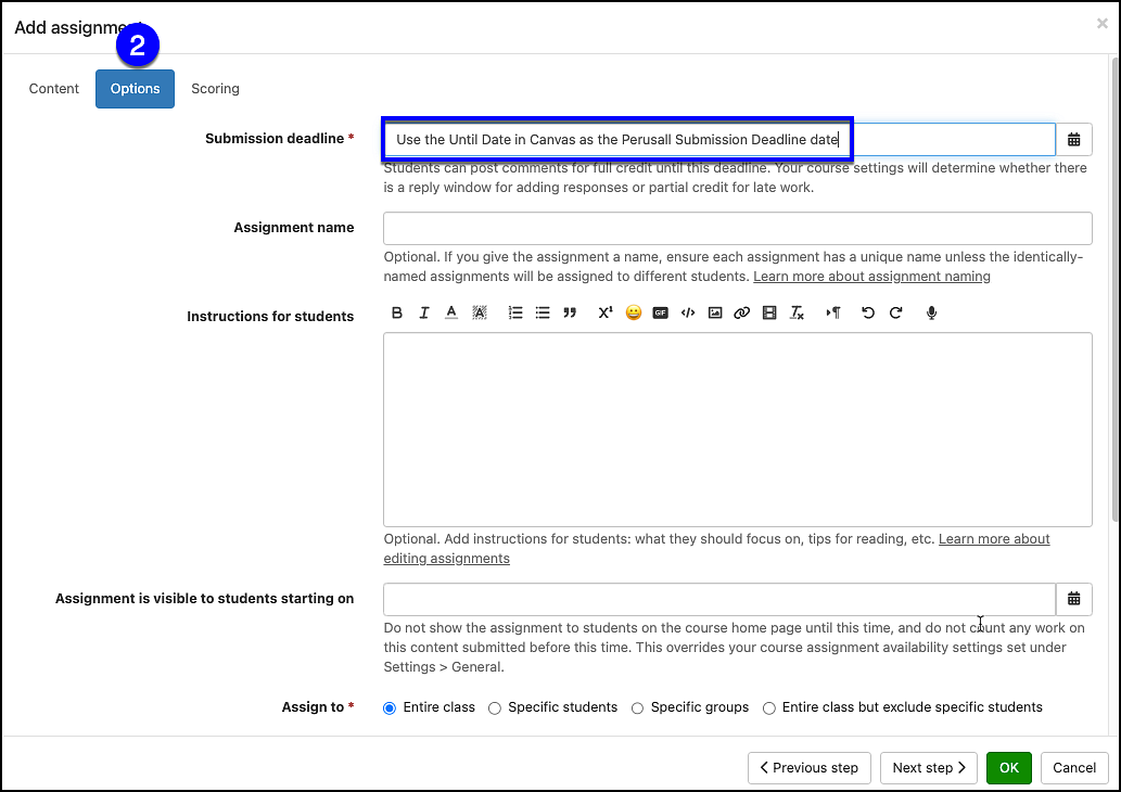 perusall add assignment set options