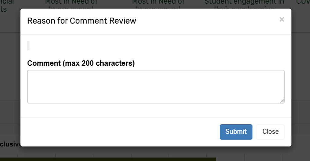 Image of the comment review box where instructors can provide context for the offending comment.