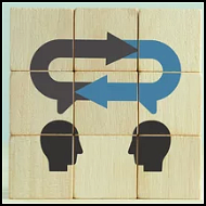 two profile heads with a talk bubble and arrows forming a oval above them