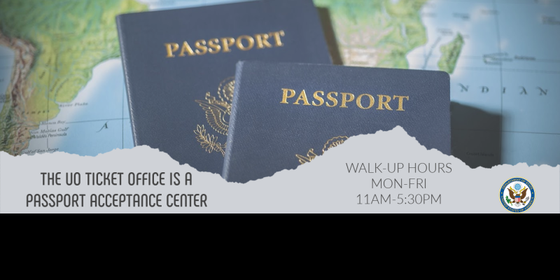 US passports sitting on world map. Passport office hours 11 am-5:30 pm, located at the Ticket Office inside Erb Memorial Union.