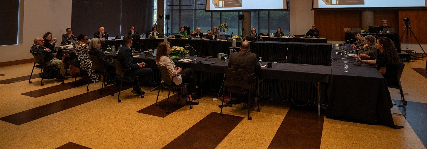 Board trustees and presenters in session at conference table