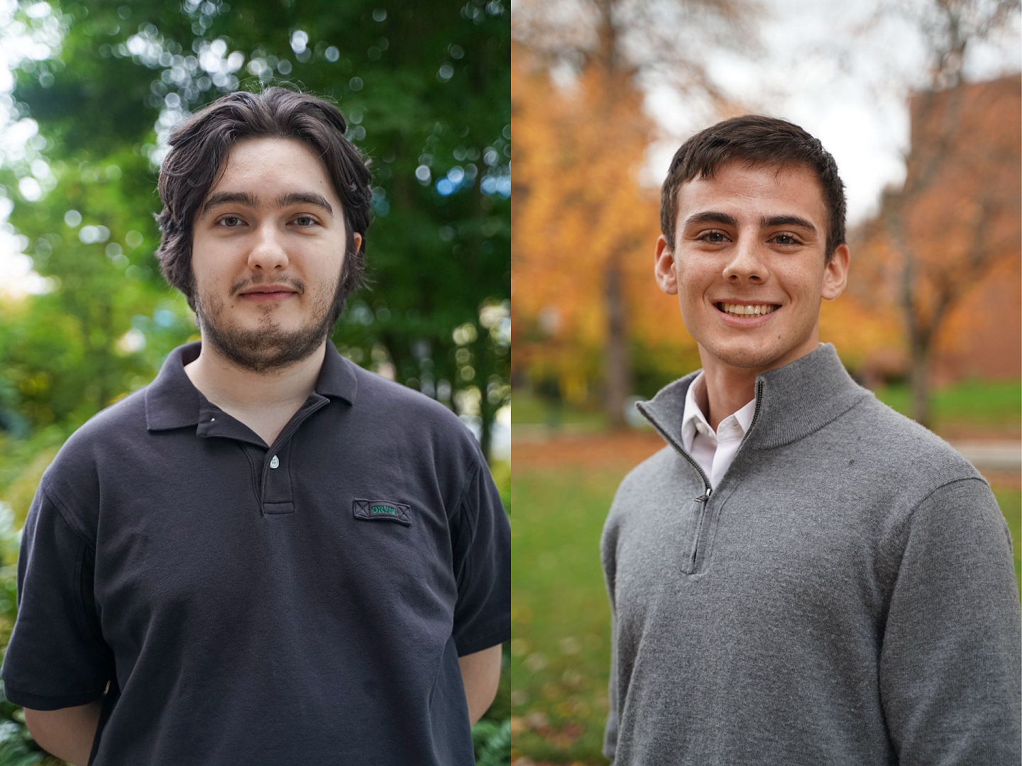 Headshots of Rhodes finalists and UO Seniors Oliver Loreto and Charles Petrik