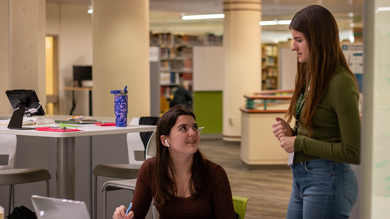 tutoring and academic engagement students talking to each other, one student is standing and the other is sitting at table