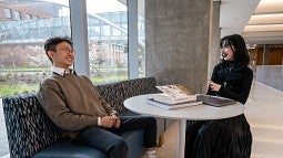 UO Students Ethan Dinh and Alexa Wright meet at Knight Campus