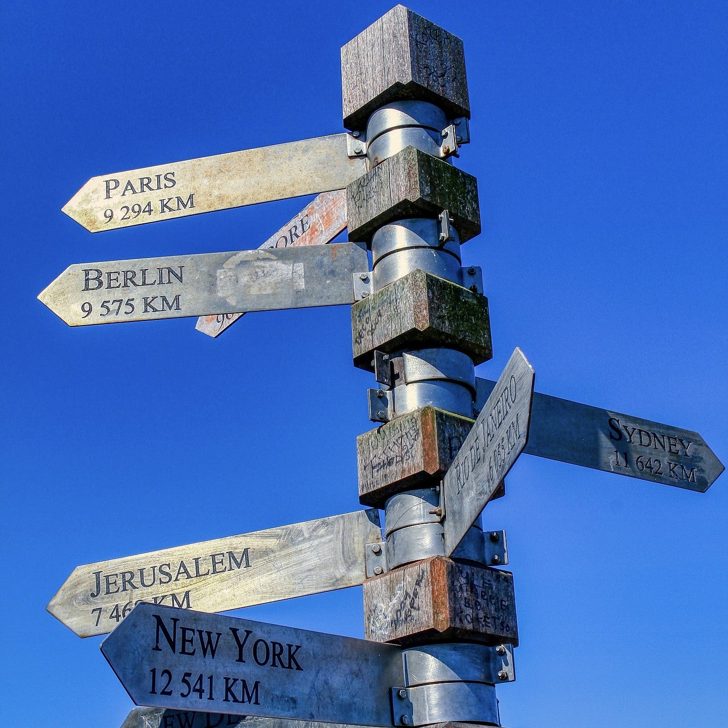 Sign post indicating direction/milage to multiple major international cities