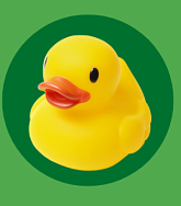 Yellow rubber ducky in a dark green circle with a rectangular light green background.  Replacement image when photo not provided.