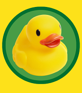 Rubber Ducky facing right inside two toned green circles with a yellow background