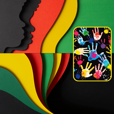 Collage: silhouettes of black child faces in profile with bands of orange, yellow and green