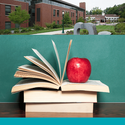 Collage: College of Education Building & a stack of books with an apple.