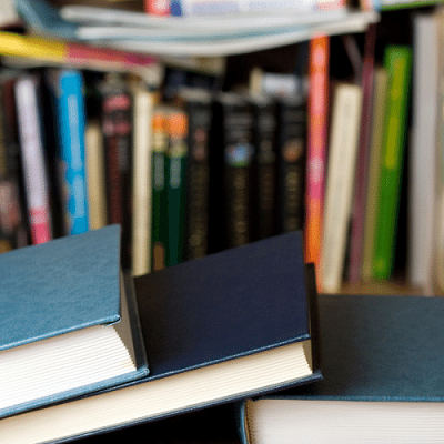 A haphazard stack of books.