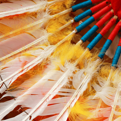 Close up of a Native American feather headdress.