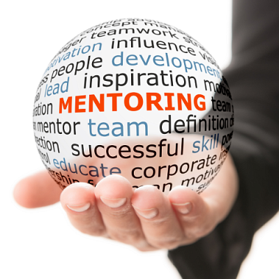 A hand holding a translucent ball with words: "Mentoring, inspiration, team, successful"