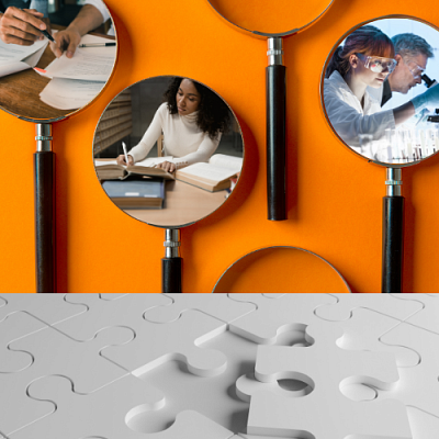 Magnifying glasses containing images of research