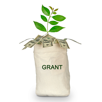 A sack of money labeled "grant" with a plant growing out of it.