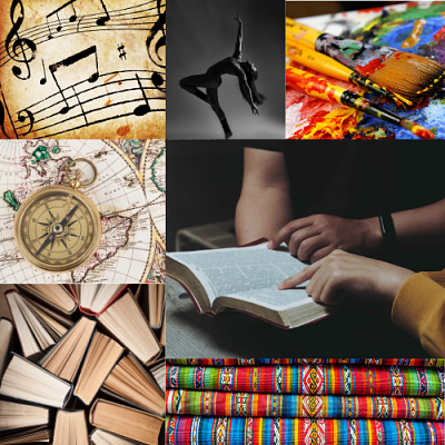 Collage of images: sheet music, a dancer, oil paints, compass & map, books, hands pointing at an open book & textiles