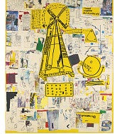 Windmill (1985) by Jean-Michel Basquiat - mixed-media artwork featuring a large black-and-yellow drawing of a windmill with collage of drawings, text and symbols behind