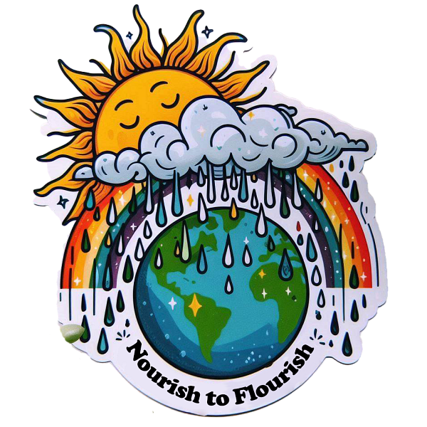 Sun behind a rain cloud; rainbow over the earth; rain from the cloud; text underneath reads Nourish to Flourish