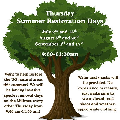 A tree with the text Thursday Summer Restoration Days Aug 6 & 20, Sept 3 & 17
