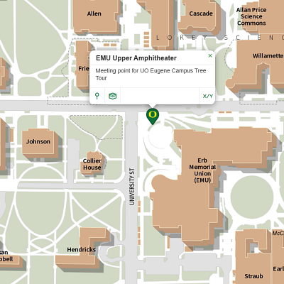 Map showing EMU Upper Amphitheater on the EMU campus - meeting point for UO Eugene Campus Tree Tour