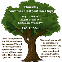 A tree with the text Thursday Summer Restoration Days Aug 6 & 20, Sept 3 & 17
