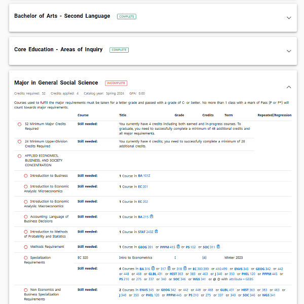 Screenshot of student overview in Ducks on Track